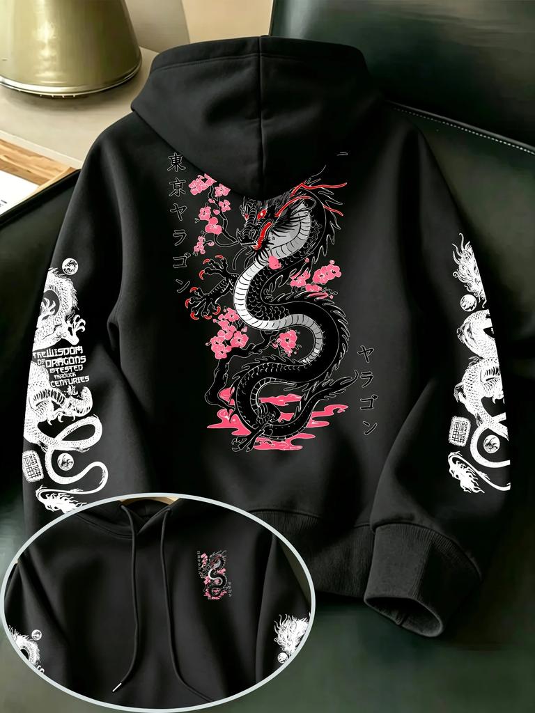 Men's Japanese Style Hoodie Tokyo Dragon Cherry Blossom Graphic Print Sweatshirt Oversized Asian Streetwear Autumn Winter Tops