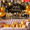 2D Flat Banner 1 Piece Happy Birthday Party Banner Black Gold Silver Crown Balloon Gift Box Pattern