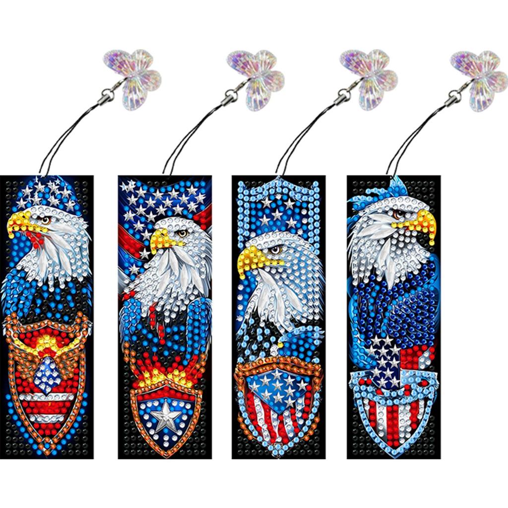4Pcs Special Shape American Eagle Diamond Painting Bookmark 5D DIY Diamond Painting Bookmark Diamond Art Bookmark with Pendant