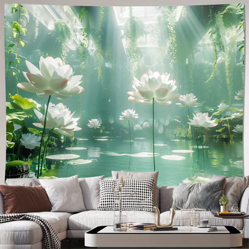 

2D Ethereal Green Lotus Pond Tapestry Fantasy Nature Water Lily Art Wall Decor Cloth for Home & Bedroom 47.2x31.5inch/120*80cm