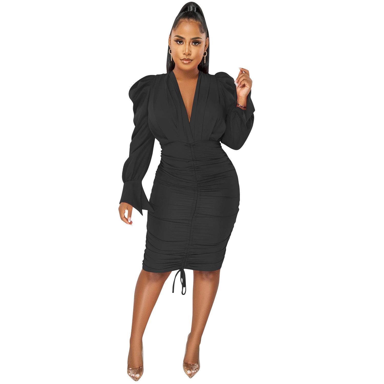 

Pleated V-Neck Solid Color Long Sleeve Dress for Women Medium чёрный