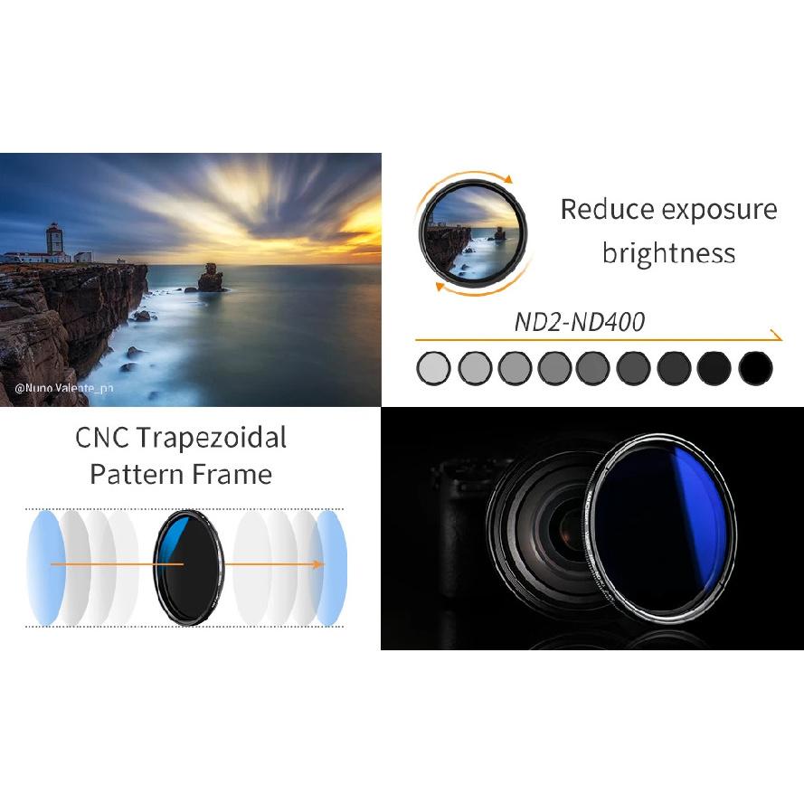 K&F CONCEPT 37-82mm ND2 To ND400 Adjustable Neutral Density Variable ND Camera Lenses Filter Cloth 49mm 52mm 58mm 62mm 67mm 77mm