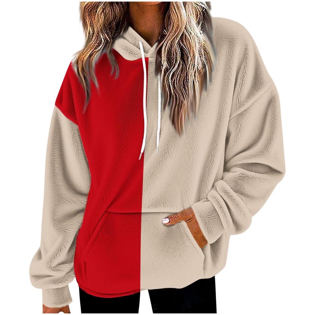 Unisex Color Block Hoodie with Pockets - Long Sleeve Flannel Pullover