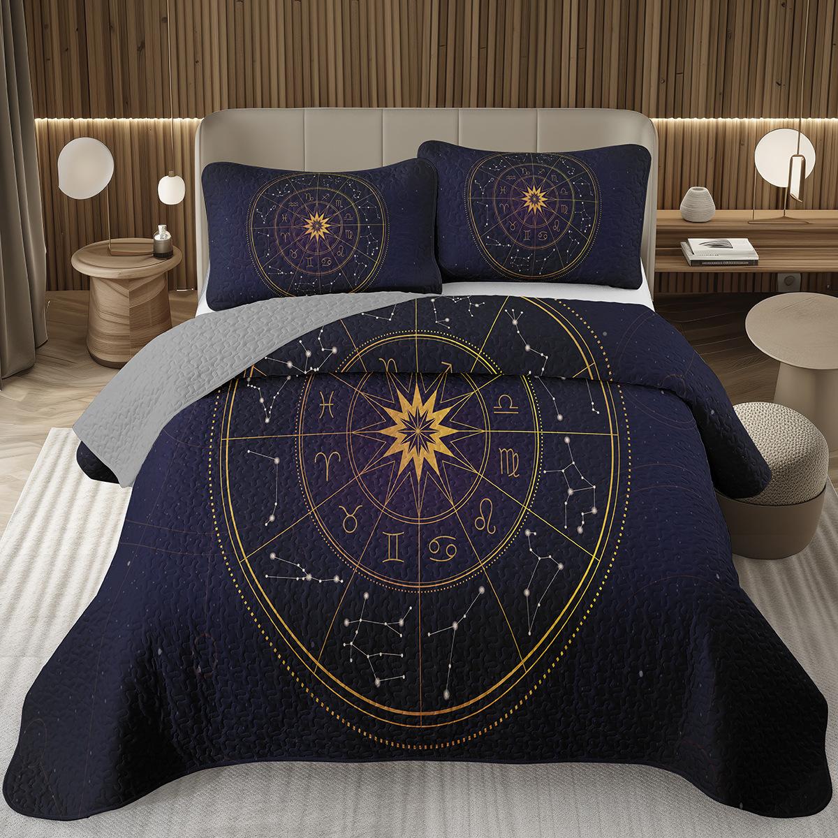 12 Constellations Astrologie Couvre-lits Zodiaque Couvre-lit Boho Exotique Ensemble de Literie Twin King Réversible Couvre-lit Matelassé Gris AU Queen 210x210cm