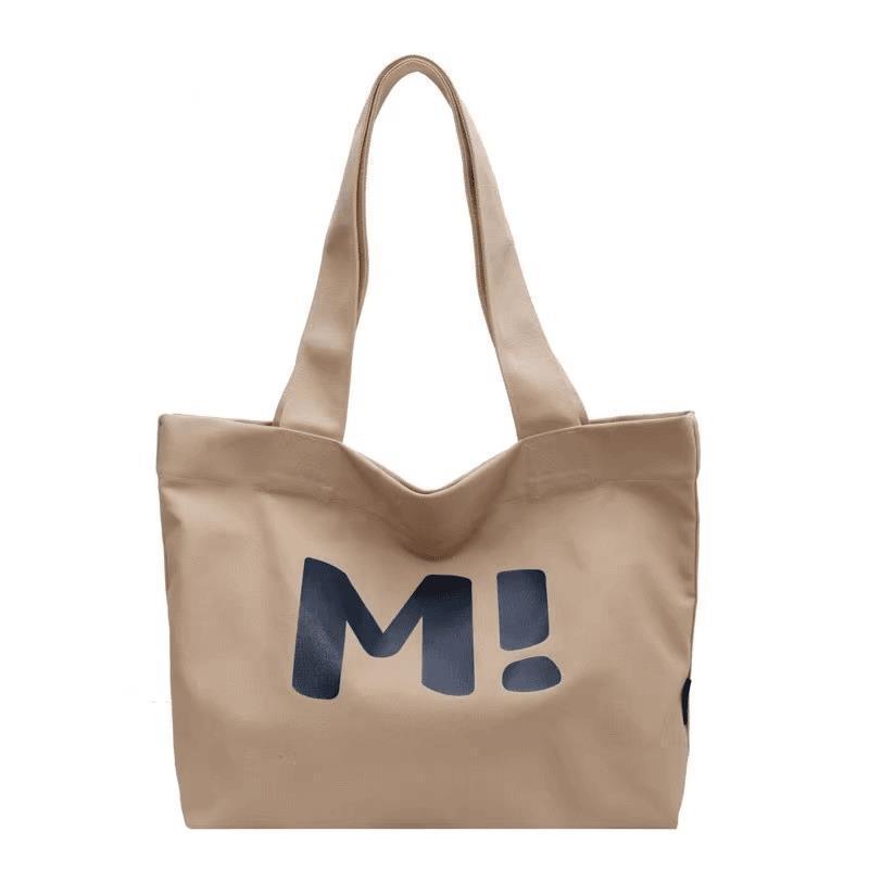 Beige Canvas Tote Bag With Cute Letter Print Large Capacity For Commute School Work Shopping