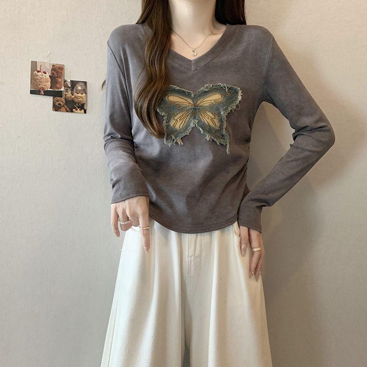 

Женская футболка с бабочкой в корейском стиле Y2k, укороченный топ, женская футболка с длинным рукавом, складная футболка, женская уличная одежда, осенняя футболка, одежда XL