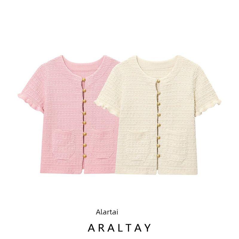Araltay New Arrival Women's Clothing Fashion Style Fashion All-Match Casual round Neck Short Sleeves Laminated Decoration Knitting Outwear