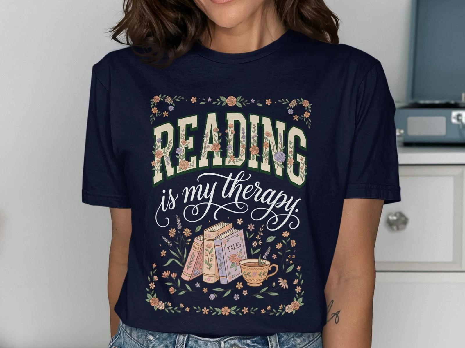 Reading Is My Therapy T-Shirt, Floral Book Lover Tee, Cozy Aesthetic Bookworm L