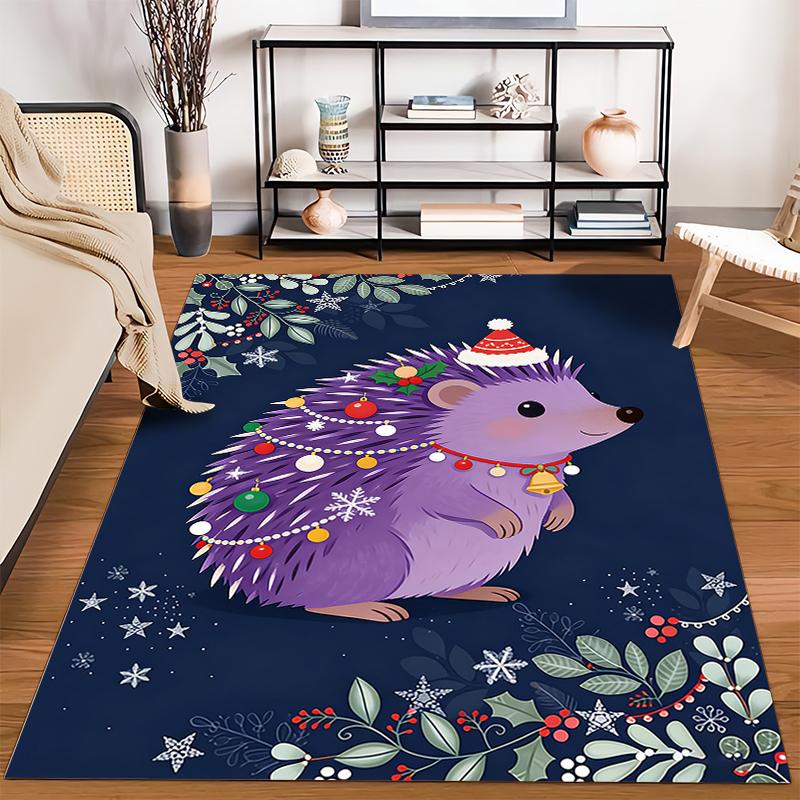 Purple Hedgehog Christmas Design Area Rug with Festive Decorations Suitable for use as an anti-slip for living room bedroom sofas