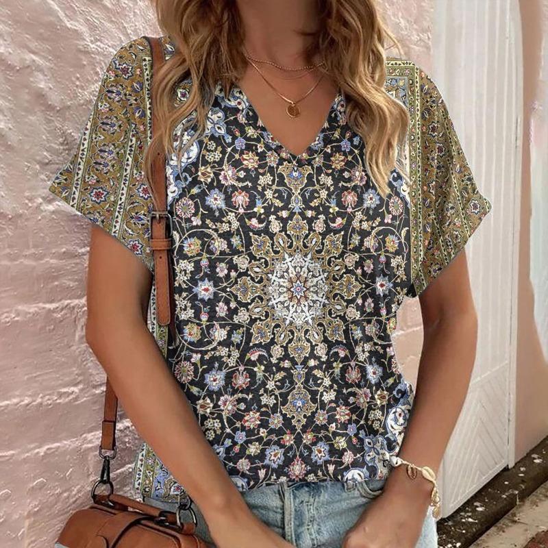 Casual Bohemian Print Women's Short Sleeve V-Neck Top T-Shirt