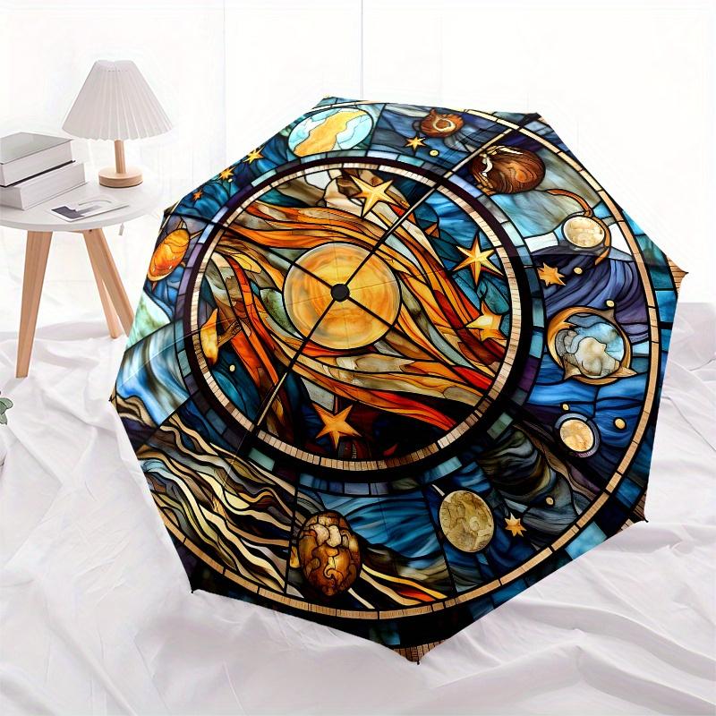 Stained Celestial Window Panel: Vibrant Solar System DesignUmbrella, Portable 3-Fold Compact Umbrella for Men & Women Gift