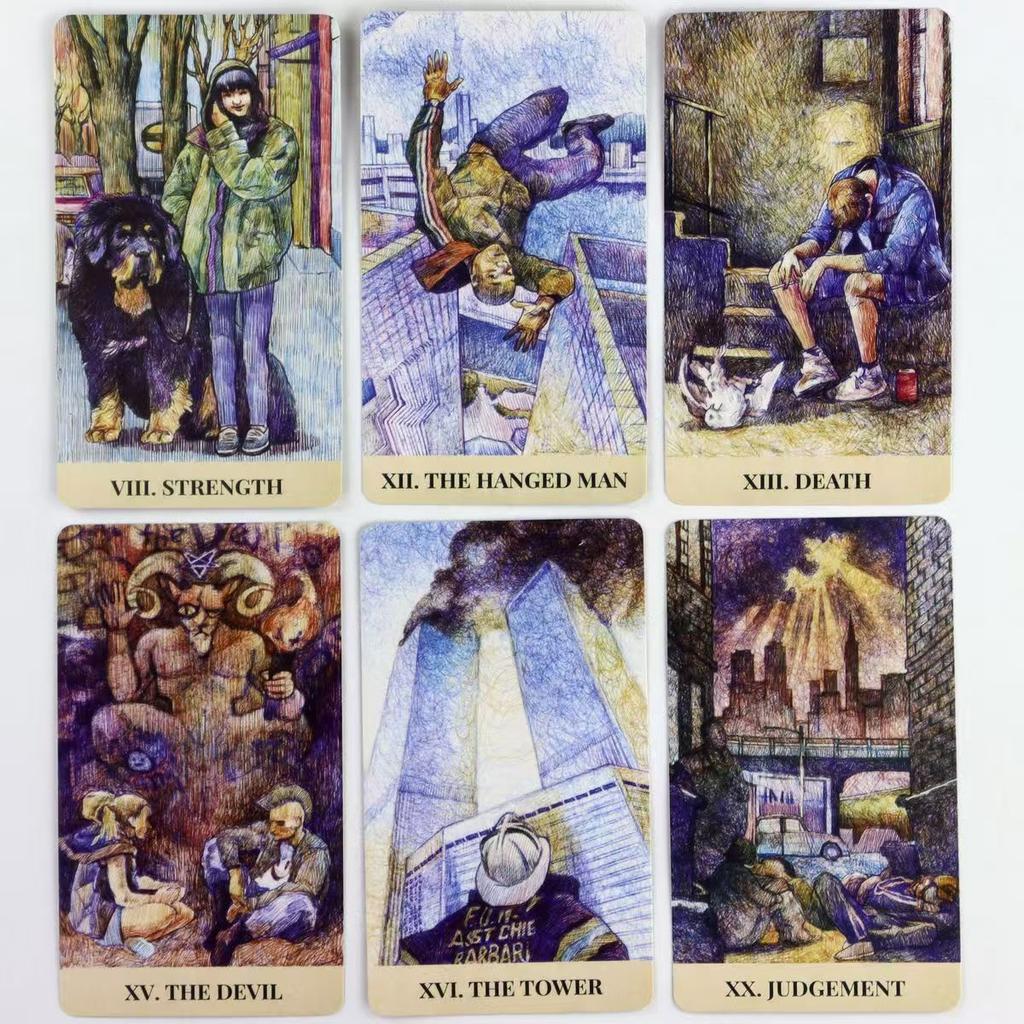 City Labyrinth Tarot, 78 Karten 10,3 x 6 cm Tarotdeck | Indy Tarot mit Federzeichnung über das Leben in New York in den frühen 2000er Jahren