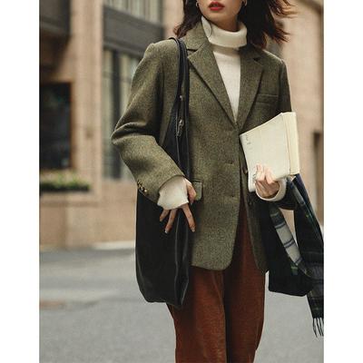 Women's Simple Wool Blend Blazer Autumn Winter Lapel Collar Woolen Coat Set Jacket Office Lady Casual Outerwear