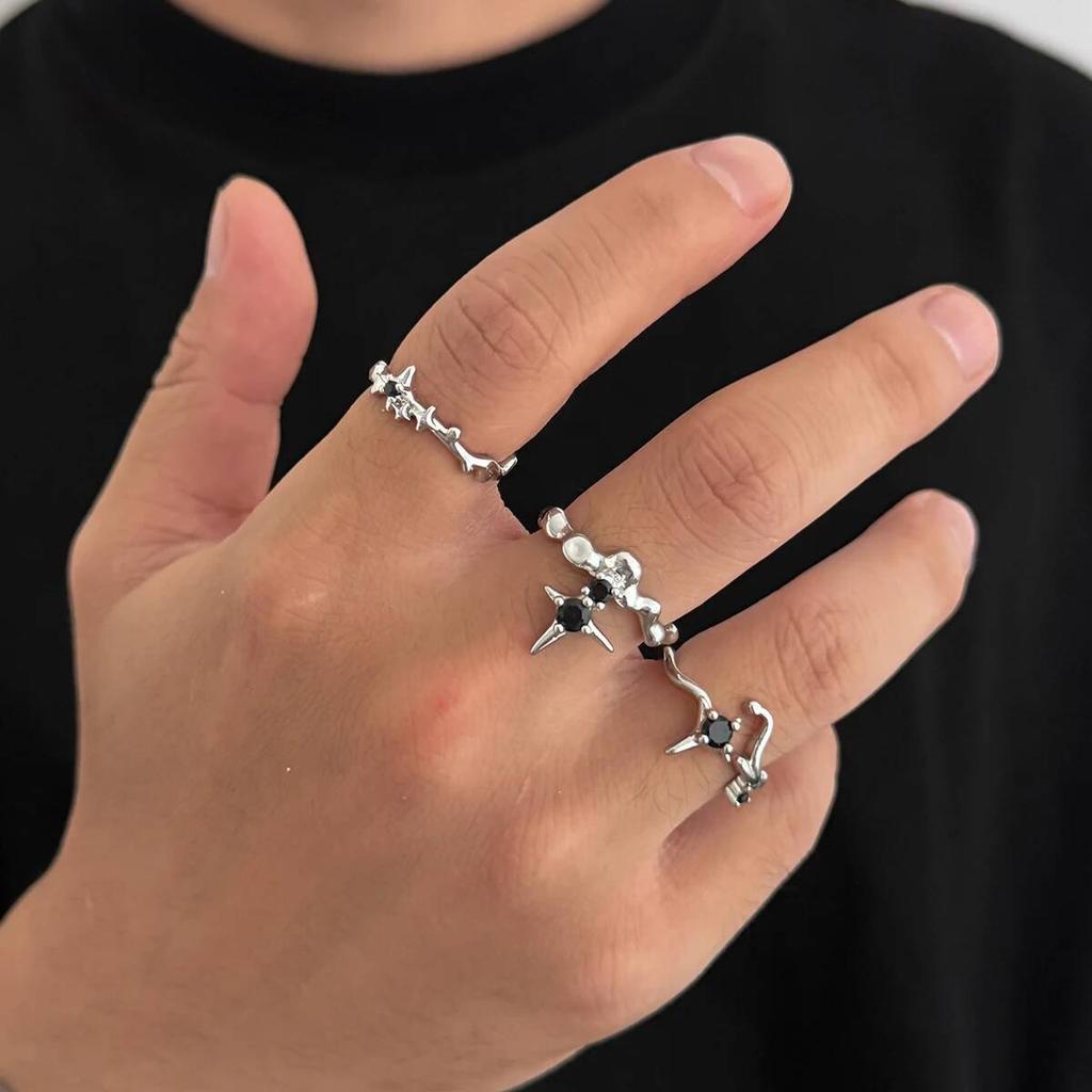 Salircon 3Pcs/set Fashion Silver Color Star Open Rings Women Men Punk Metal Geometric Adjustable Finger Ring Couple Jewelry Gift