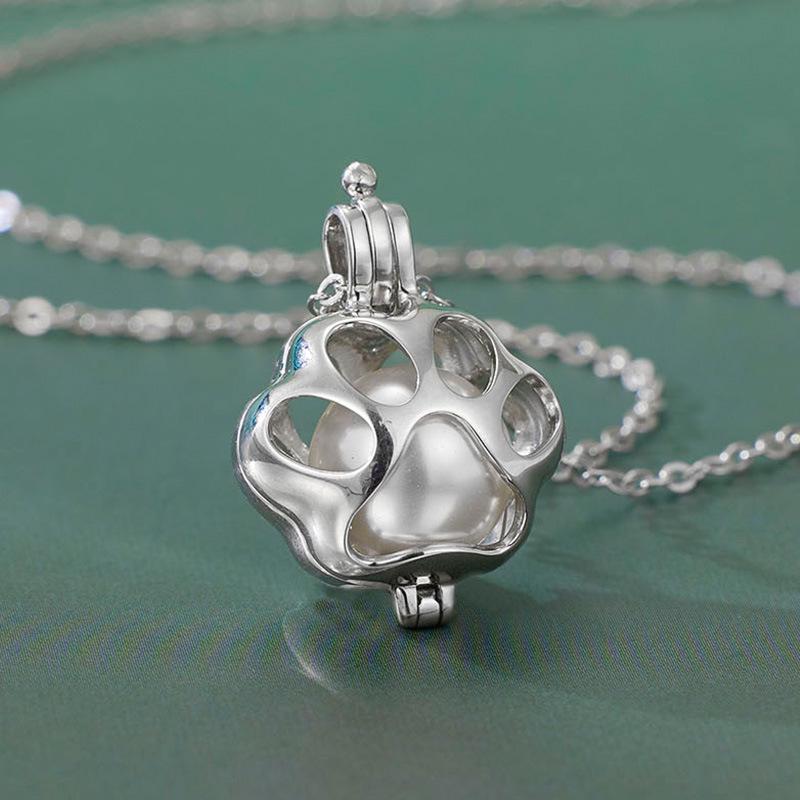 S925 Sterling Silver Cat Paw Pendant Necklace with Openable Cage