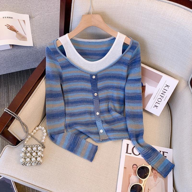 

Осенний свободный и тонкий универсальный топ с контрастными полосками, имитация двух частей, пуловер, вязаный свитер, омолаживающий XL синий