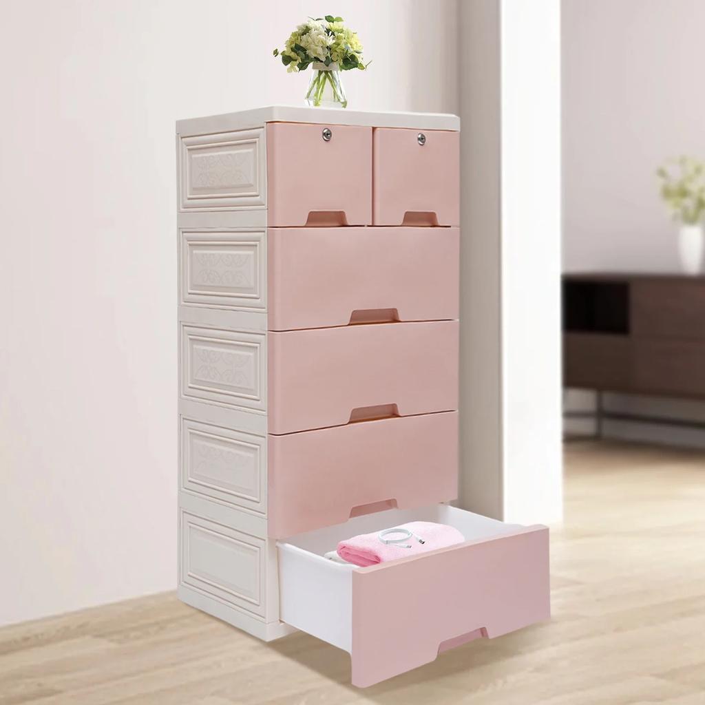 Plastic Drawer Storage Tower with 6 Drawers, 5-Tier Tall Storage Cabinet with Wheels and Lock