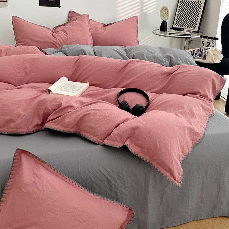 Solid Color Soft Duvet Cover Set Skin Friendly Washable Cotton Queen Bedding Set with Comforter Cover Bed Sheet and Pillowcases