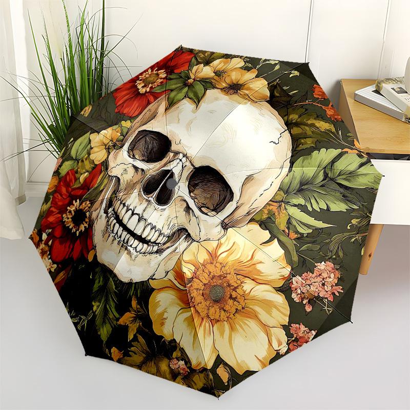 1PC Skull Flowers Umbrella-8-Rib Reinforced, Automatic Open, Lightweight & Durable, Fashion Accessory for Outdoor, Beach L0348