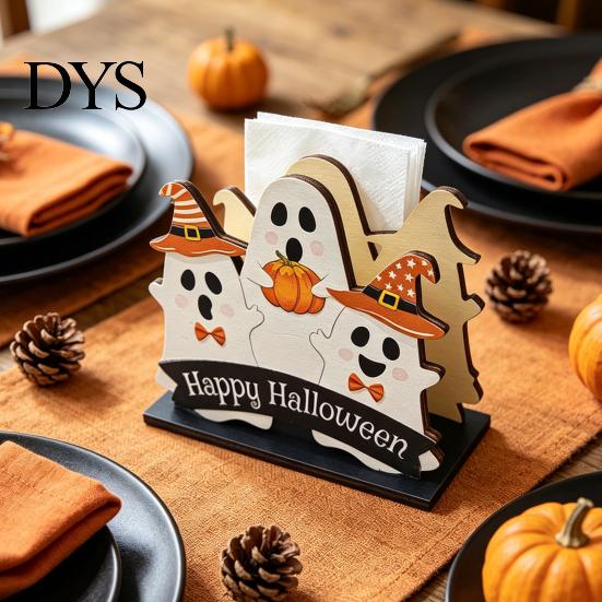 Seasonal Tabletop Ornament Halloween Wooden Napkin Holder, Ghost Pumpkin Decorative Tissue Dispenser, Festive Desktop Decoration Paper Storage