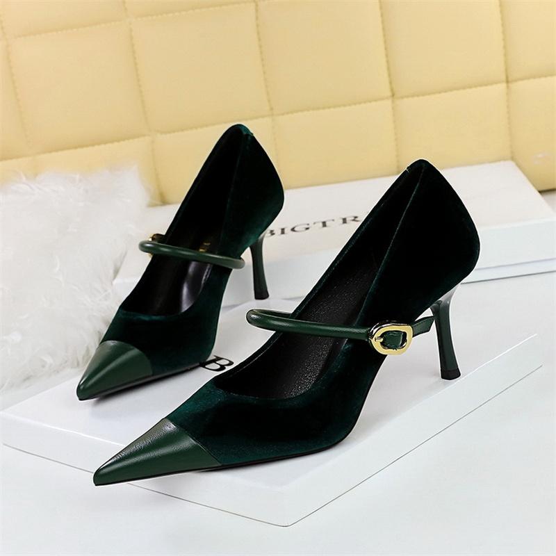 Fashion Version Party Thin High Heel Women Shoes   Velvet Shallow Mouth Pointed Toe Metal One-line Buckle Single Shoes