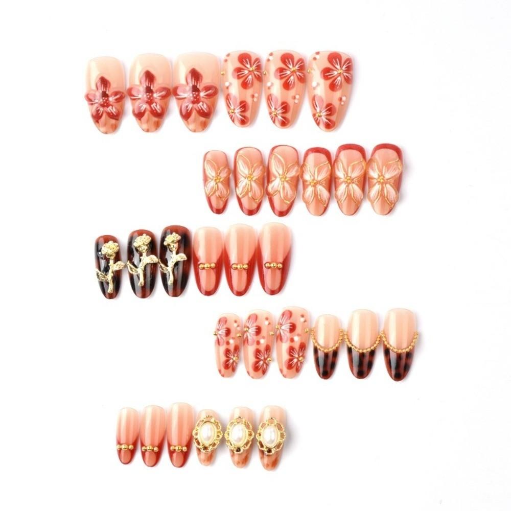 30pcs New Sweet Fake Nail Tips Pink Flower Designs French Extended Nail Extensions 3D Flower Almond Nails Gift Giving
