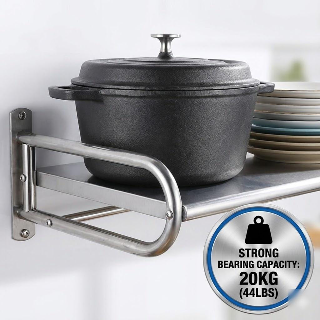 Stainless Steel Microwave Oven Wall Shelf Kitchen Storage Rack Organizer With 6 Hooks Heavy Duty 20kg Capacity