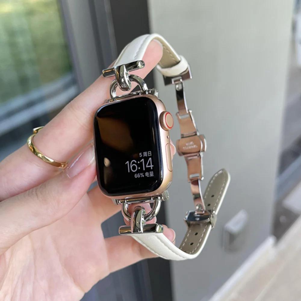 Women Leather Bracelet for Apple Watch Ultra 2 49mm 10 42mm 46 Butterfly Buckle Band for iWatch 9 8 7 6 SE 5 41mm 45mm 38 40 44