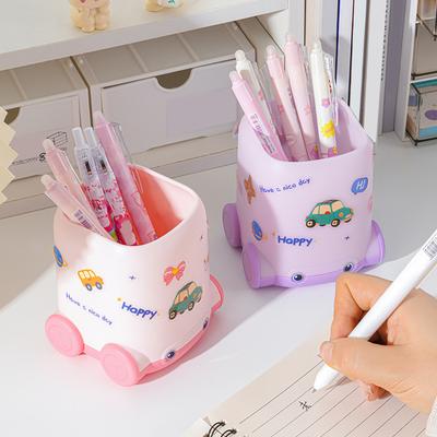 Desk Pen Holder Cartoon Vehicle Shape Pencil Holder Multi-functional Desktop Makeup Brush Organizer for Home School Office