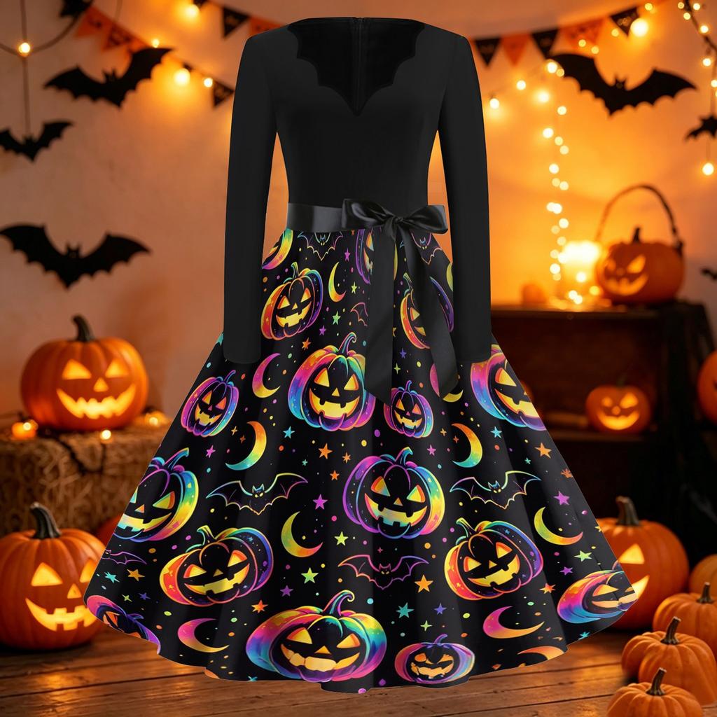 Women's Casual Vintage Halloween Dress V Neck Long Sleeve Retro Style Fit and Flare Knee Length Dress with Ghost Print and Waist Tie
