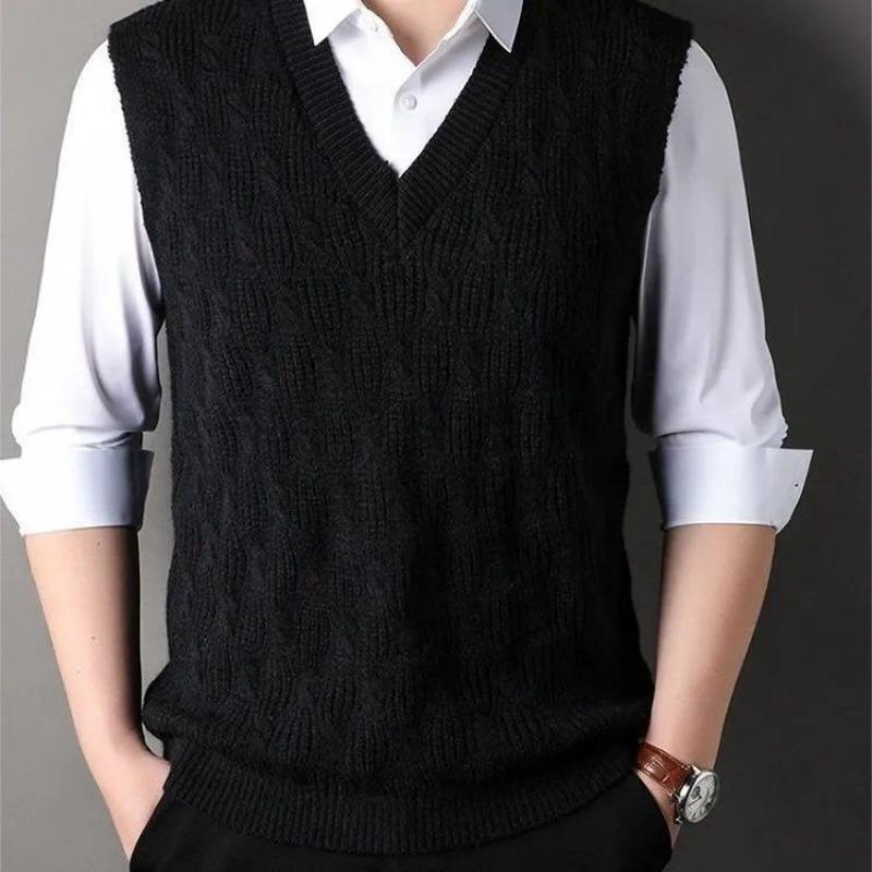 Men's Cream Cable Knit V-neck Vest Sleeveless Casual Layered Sweater Gilet
