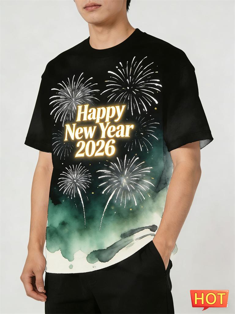 Simple Fashion New Year T Shirts For Men Trendy Holiday Wear 3D Printed Short Sleeve Tshirts Loose Streetwear Crew Neck Tees