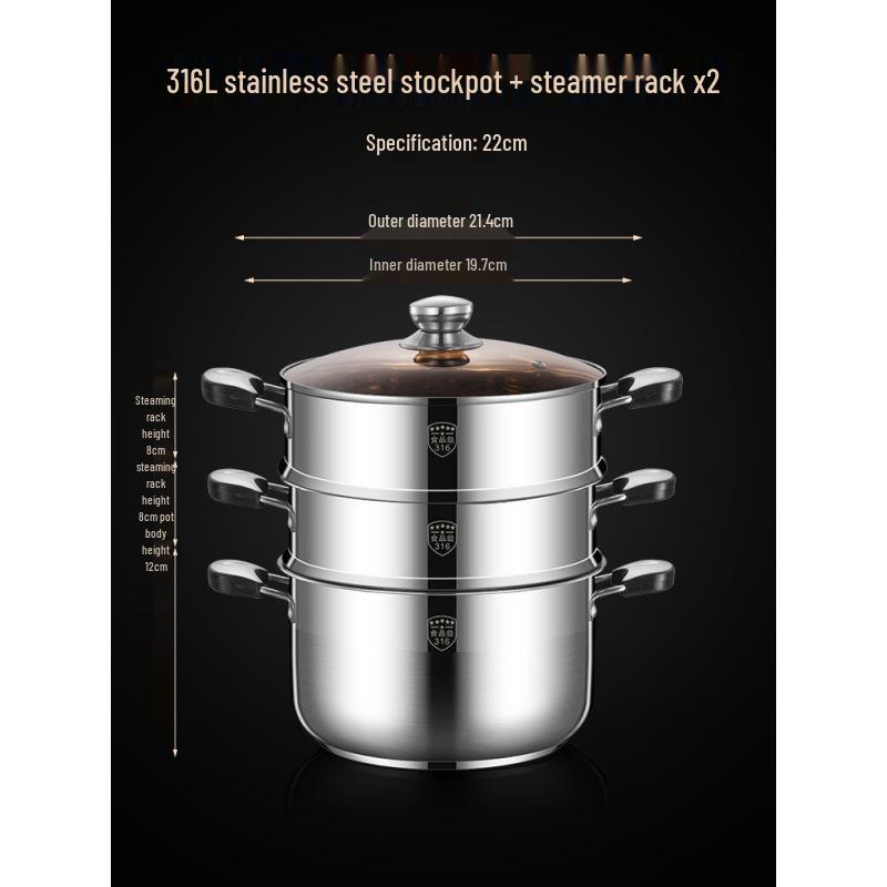 2025 Three-Layer 316 Stainless Steel Steamer & Soup Pot for Induction & Gas Stoves