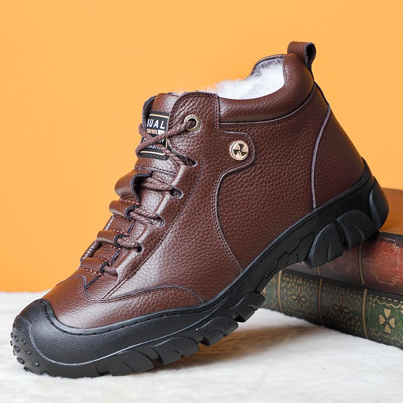 

Зимние кожаные мужские хлопковые туфли из коровьей кожи и шерсти, теплые повседневные кожаные туфли на высоком верхе, бархатные мужские туфли, кожаные туфли 44 коричневый