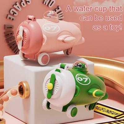 Airplane Shaped Water Bottle with Straw Strap 500ml Cartoon Kids Water Cup Leakproof Lid Silicone Nozzle Water Container for School Sports Travel