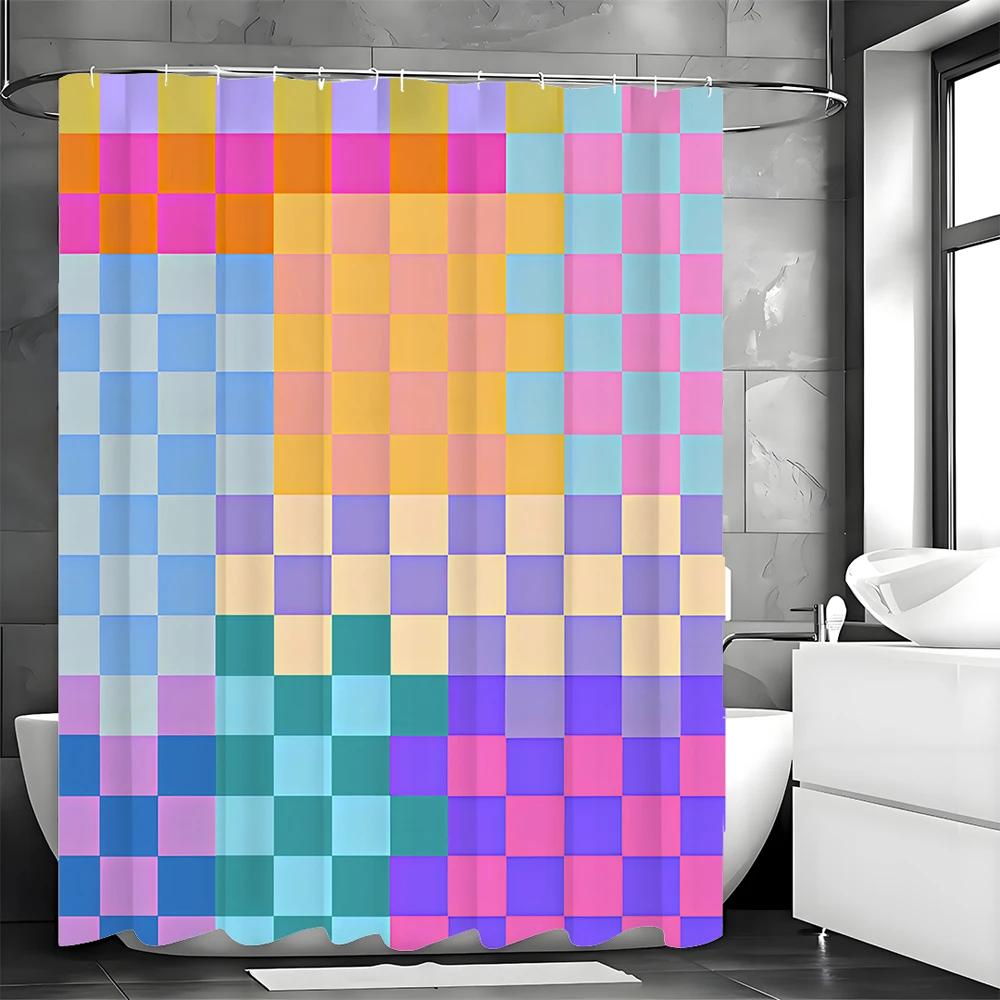 Colorful Gradient Geometric Square Shower Curtain, Bathroom Decorative Shower Curtain, Waterproof Shower Curtain with Hooks