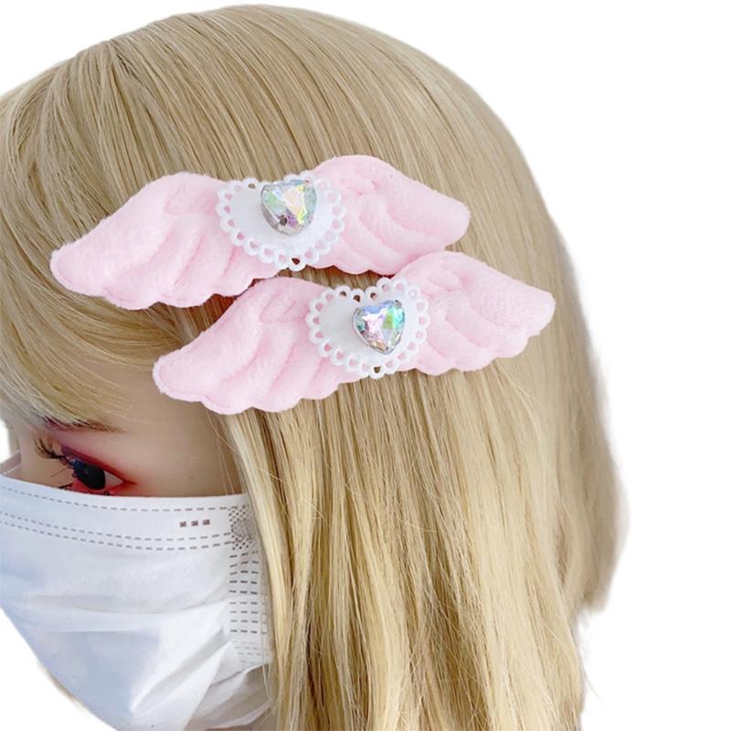 2pcs Lovely Hair Clip for Girl Plush Wing Shape Hair Barrettes with Rhinestones Heart Decals Braids Hair Clip for Girl