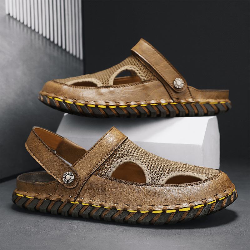 

Summer new breathable mesh trendy bag head half slippers foreign trade explosion one pedal outside wear casual men s sandals 46 коричневий