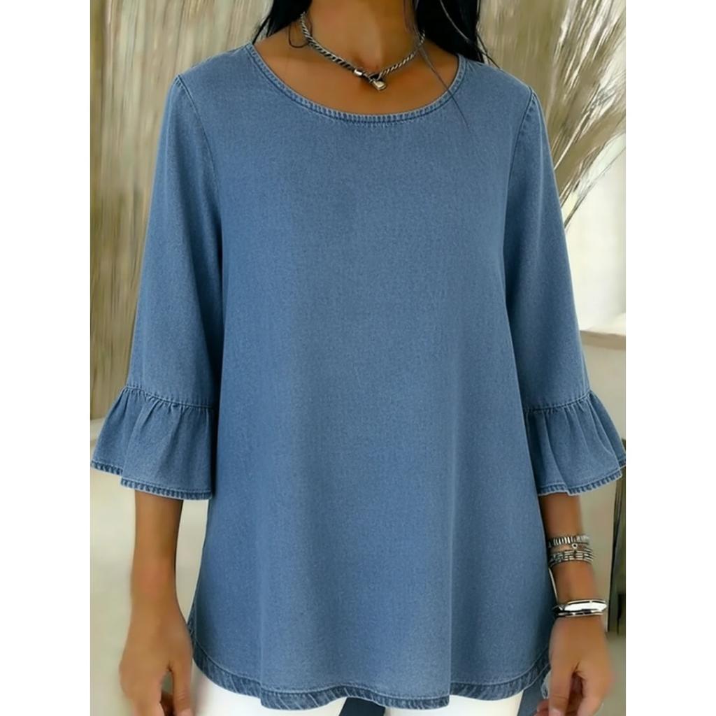 Spring Summer Casual Women's Crew Neck T-shirt Flounce Sleeve 3/4 Sleeve Top