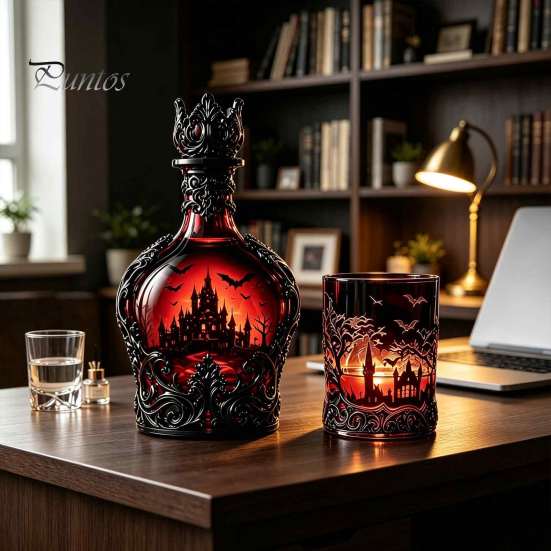 Verdickte Whiskeyflasche 1200ML Halloween Fledermaus Schloss Flasche, 320ML Vintage Gotischer Glas Wein Likör Halter Becher, Dekorative Karaffe Flachmann für