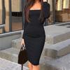 Vestido de terciopelo ajustado de manga larga con cuello cuadrado sexy de otoño e invierno europeo y americano