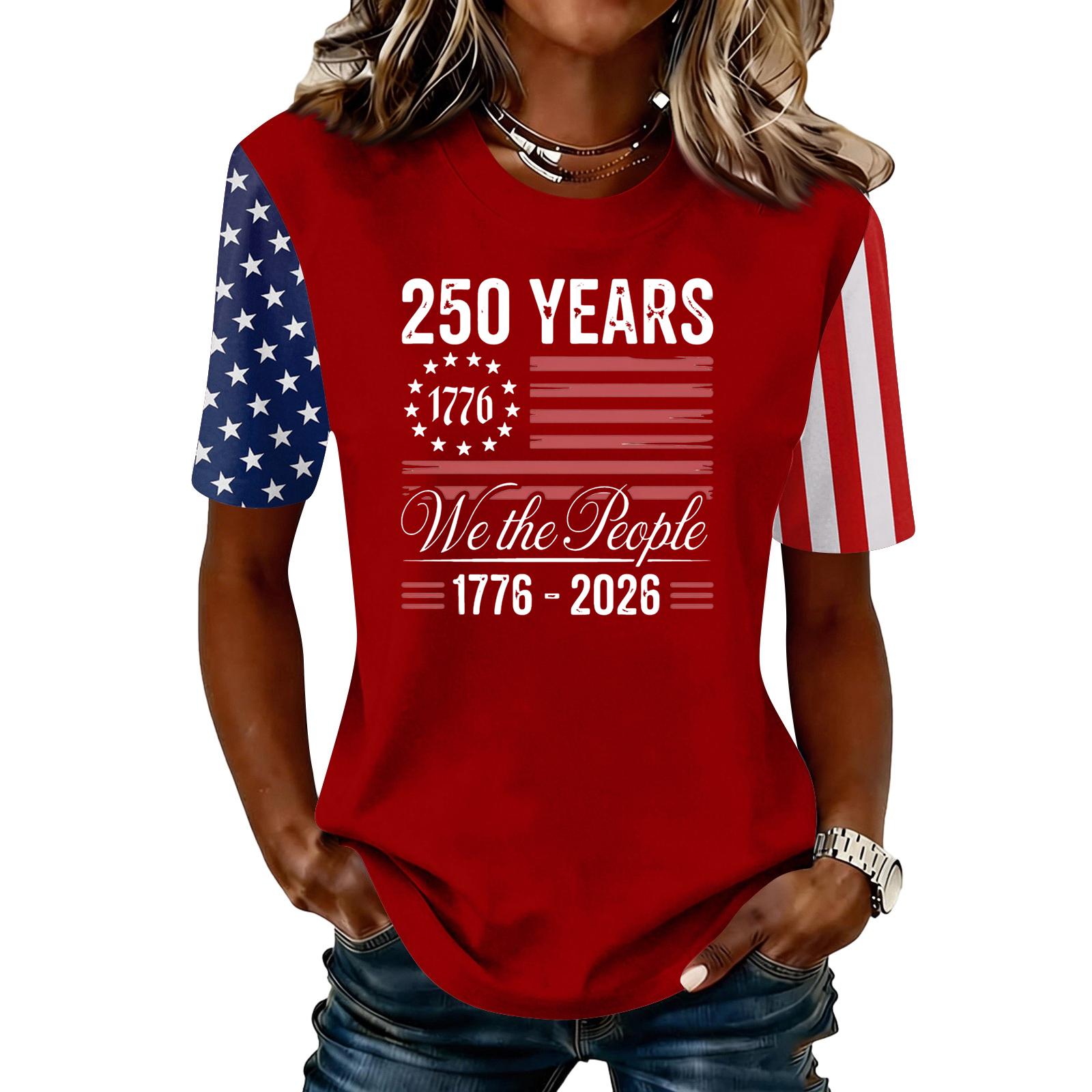 

Women s Casual Short Sleeve Crew Neck T Shirt 250 Years Independence Day Commemorative Print Patriotic Graphic Tee Lightweight L красный