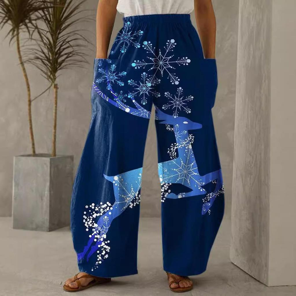 2024 Hose mit weitem Bein und hoher Taille im Weihnachts-Print und elastischem Bund im dünnen Stil