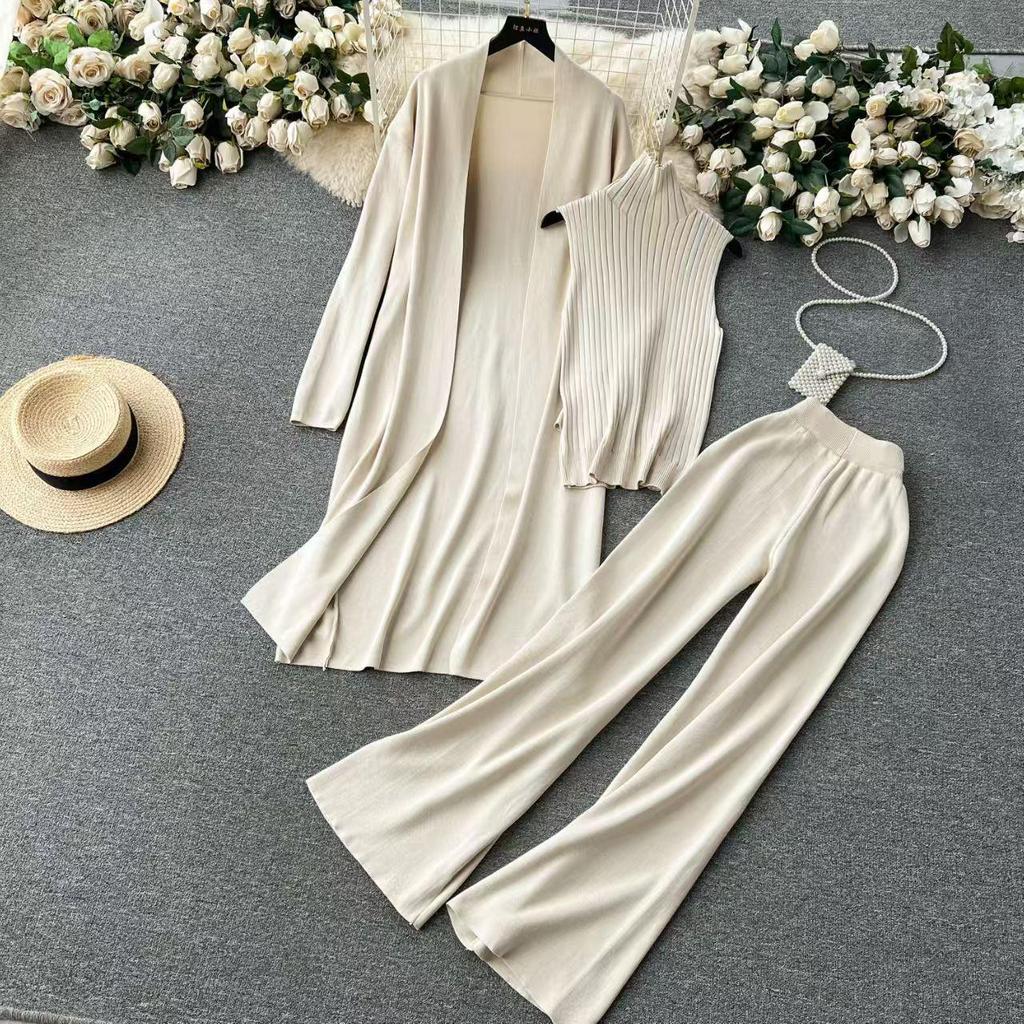 New Spring & Autumn Knitted Three-Piece Set: Sleeveless Vest, Cardigan, and Pants