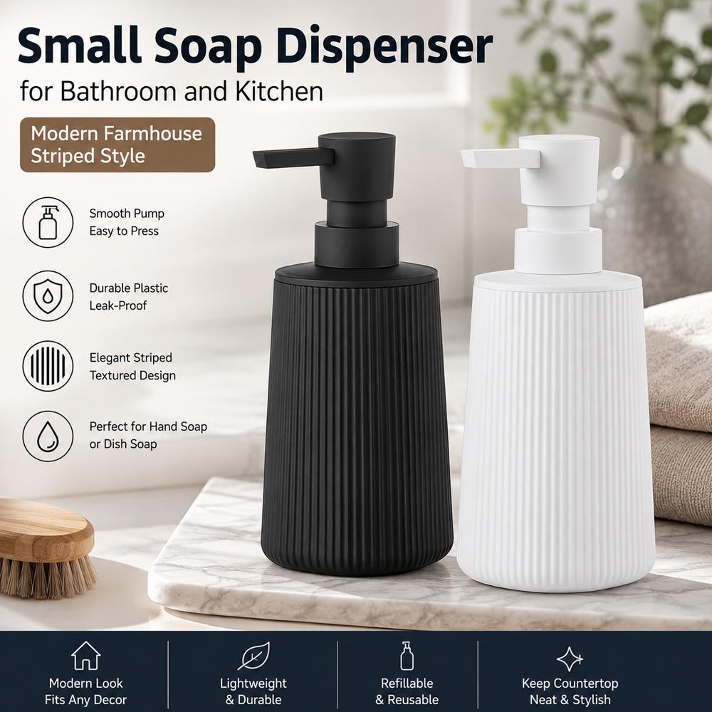 Glass Small Soap Dispenser for Bathroom and Kitchen, Modern Farmhouse Striped Style Hand Soap Dish Soap Dispenser with Pump