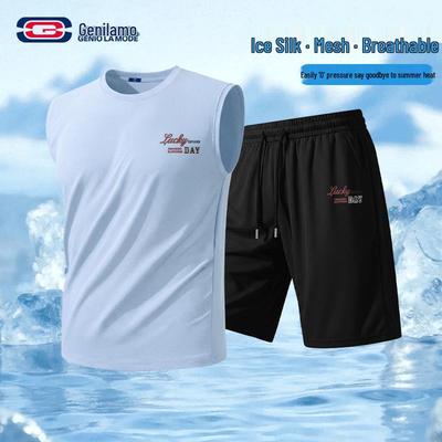 GENIOLAMODE Herren Eis Seide Schnelltrocknend Weste & Shorts Sportbekleidung Set