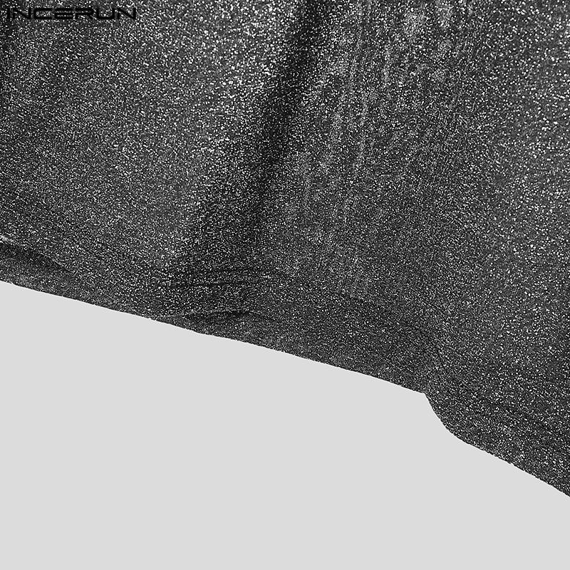 INCERUN Men Cowl Neck Long Sleeve See Through Irregular Tops Glitter Mesh T-shirts