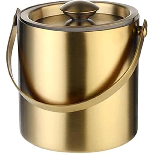 2L Stainless Steel Ice Bucket Portable Double Wall Insulated with Lid Beverage Beverage Tools Ice Bucket with Handle Family and Bars Parties Bucket золотой