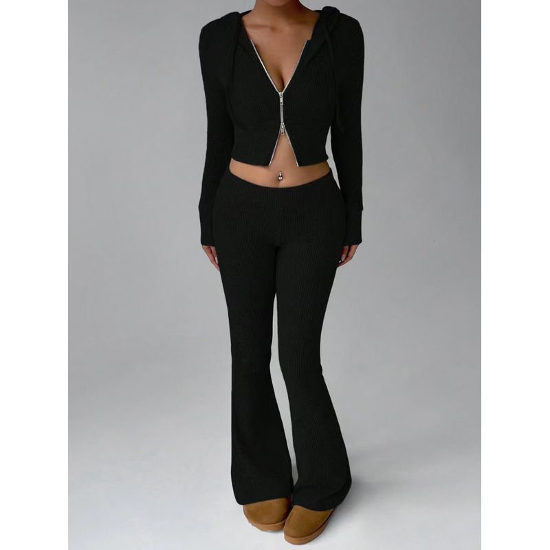

Western Style New Solid Slim fit Zip-up hood Top Casual Pants Two-piece Set Top and Pants Set Black L
