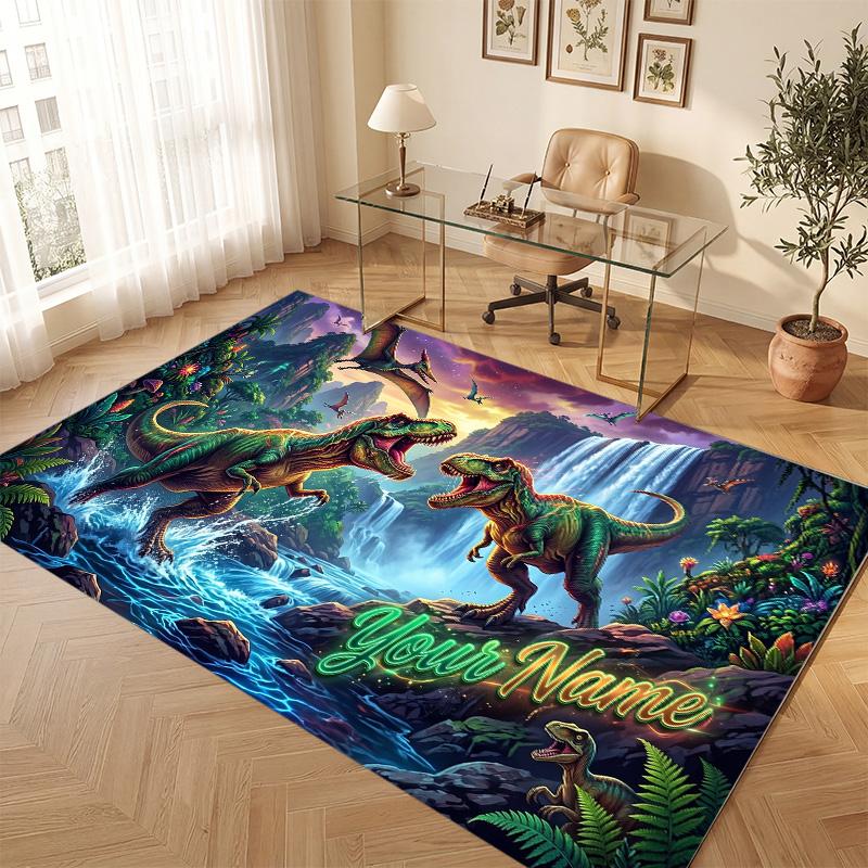 Dinosaur Theme Soft Crystal Velvet Rug Custom Name & Text Print Non Slip Floor Rug for Bedroom Living Room
